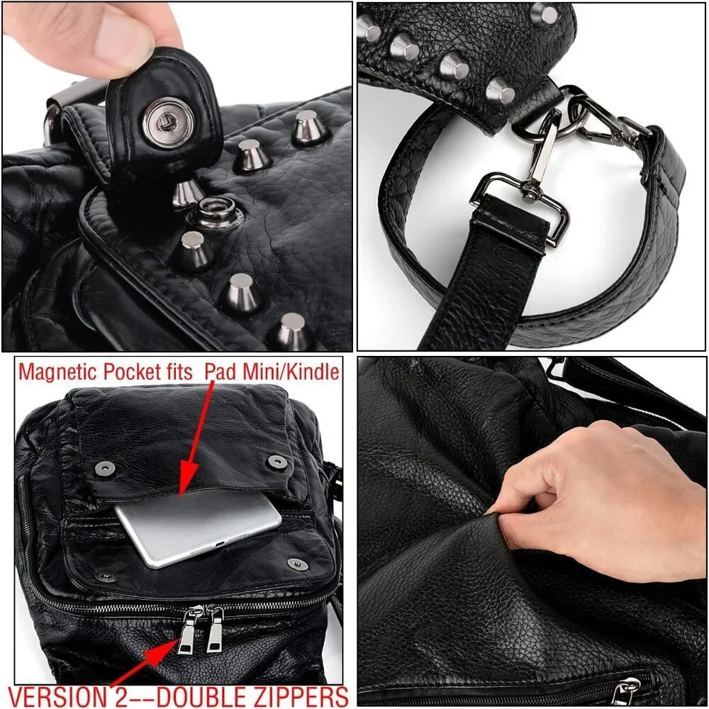 Women Black PU Leather Rivet Studded Convertible Backpack Purse